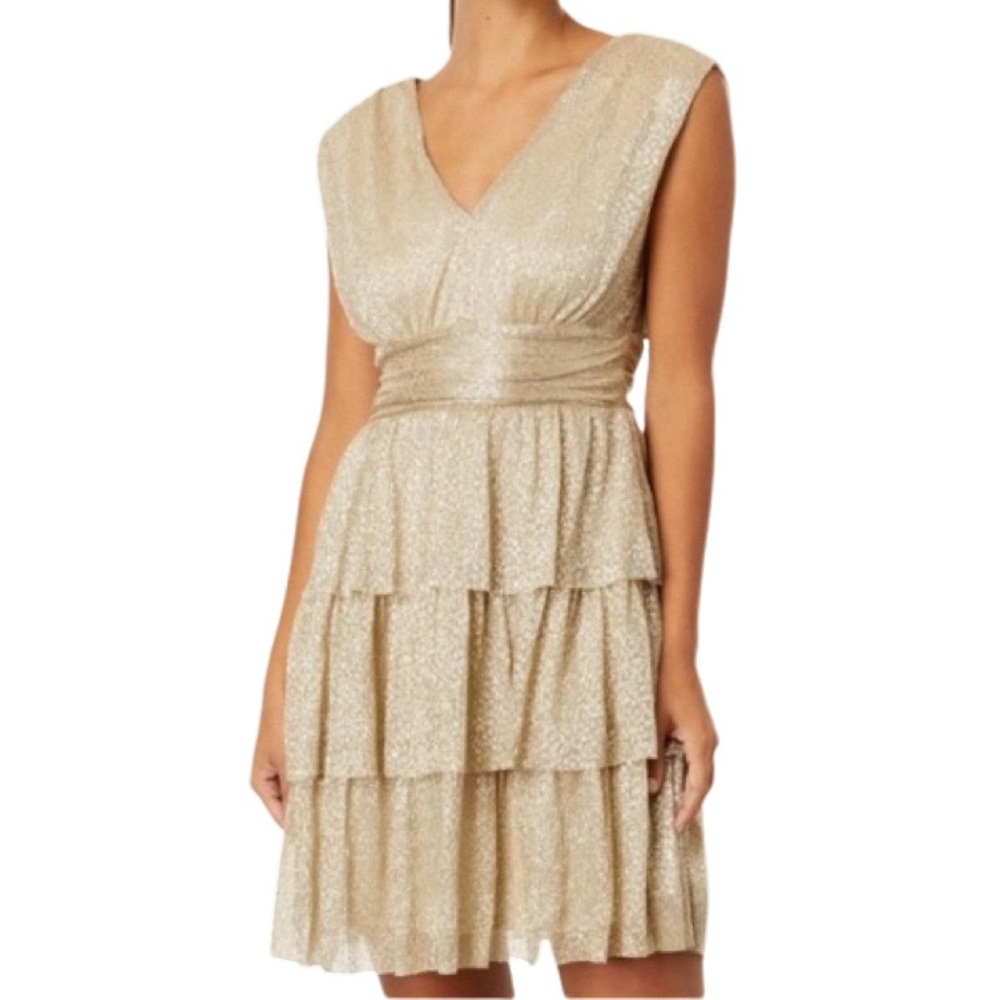 NWT Lilly Pulitzer Gold Metallic Crinkle Faye V-Neck Ruffle Dress - Sz XS